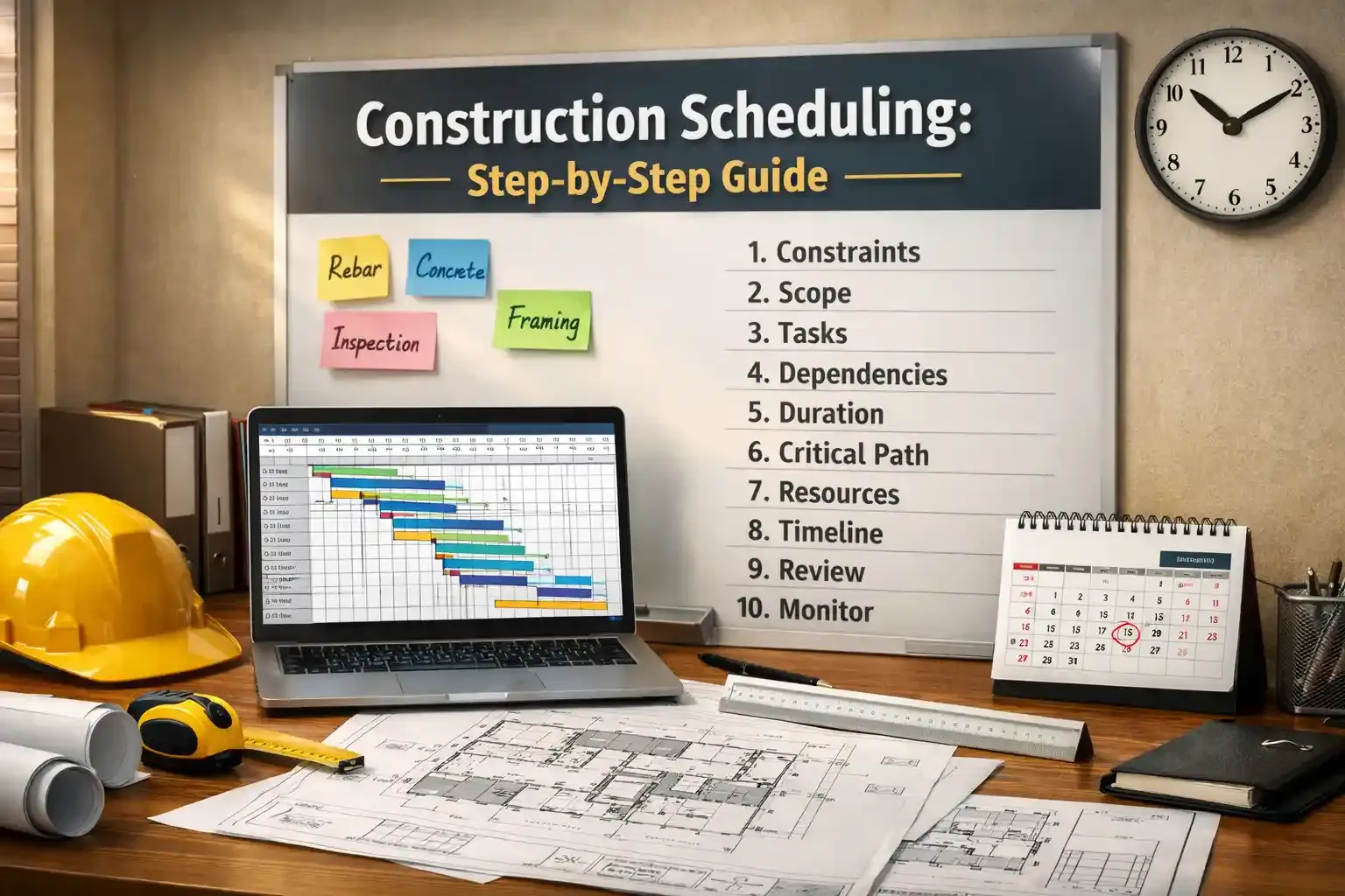 Construction scheduling workspace with Gantt chart, plans, and steps